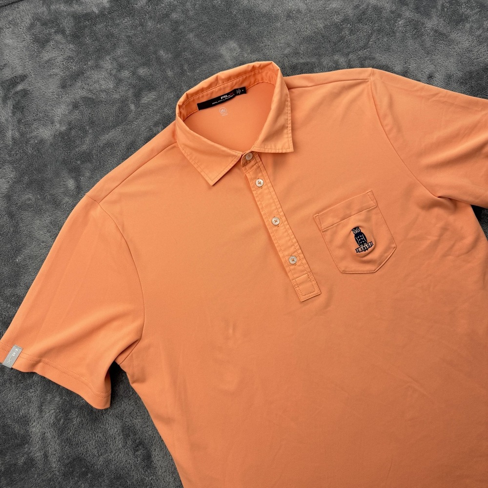 RLX Ralph Lauren Polo Shirt Mens Medium Orange Short Sleeve Wicking Owl Crest